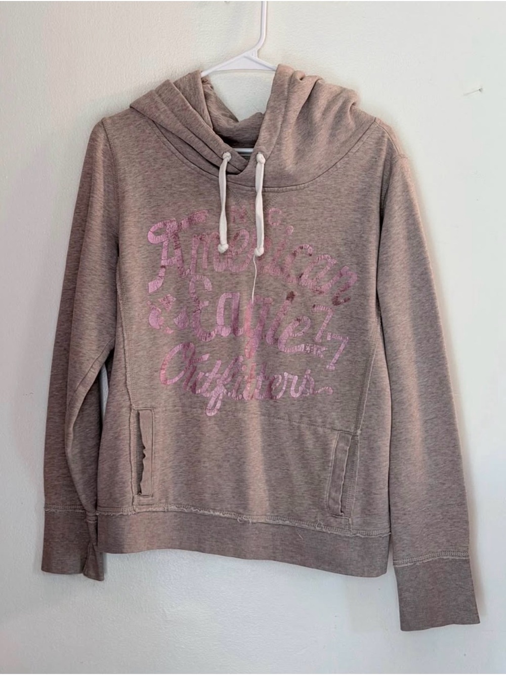 American Eagle Outfitters Light Taupe Hoodie with Pink Script
